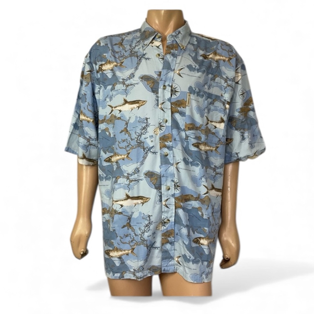 Columbia Men's Blue Vintage Fish Ocean Map Button Down Shirt Size XL